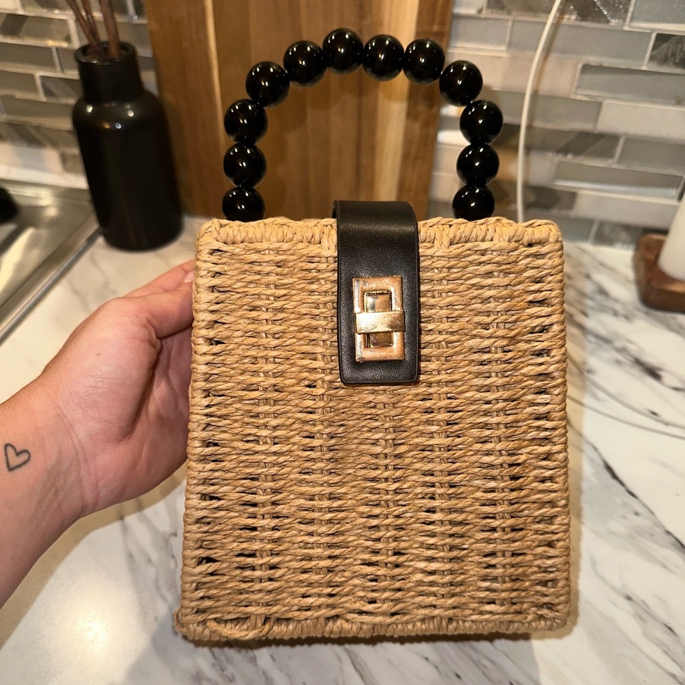 Woven Straw Beaded-Handle Handbag in Natural - Never Worn **